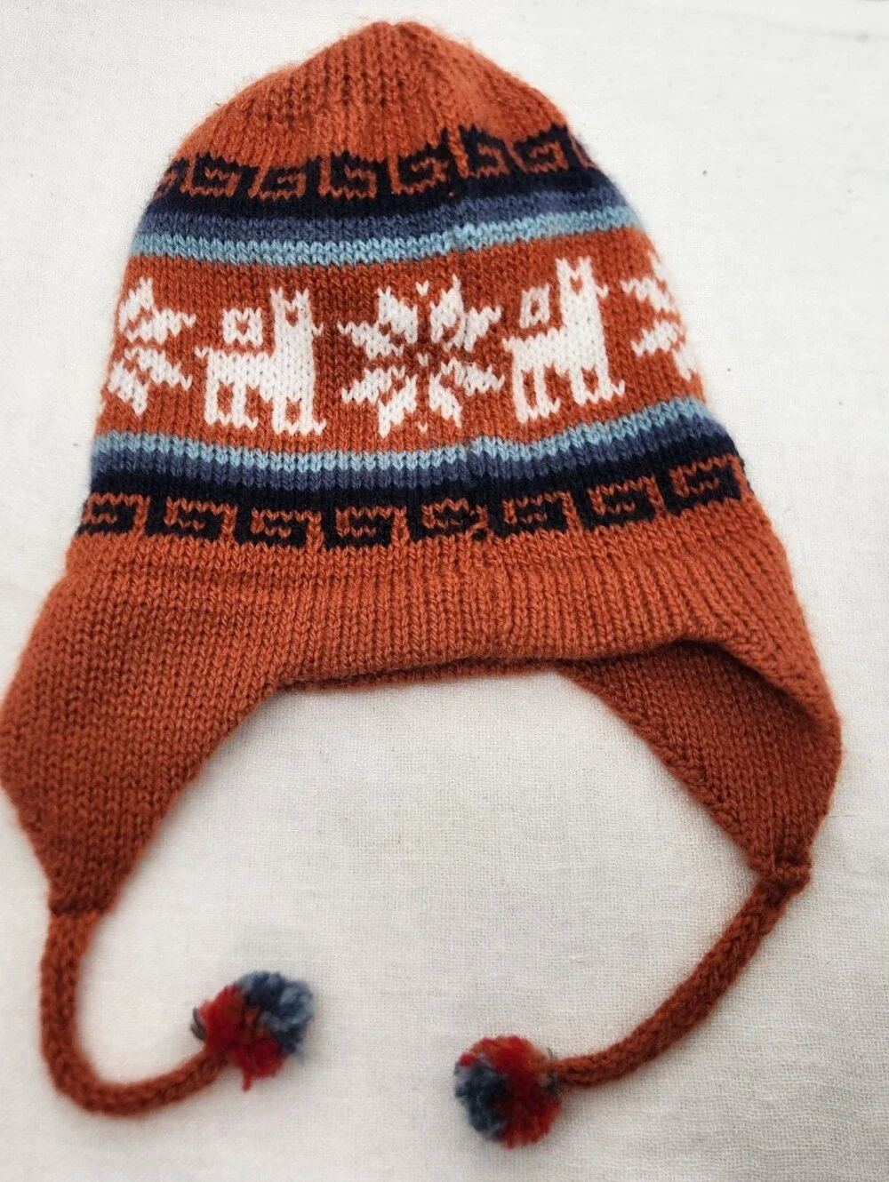 Baby OS Alpaca Llama Orange Peruvian Knit Geometric Earflap Beanie Hat